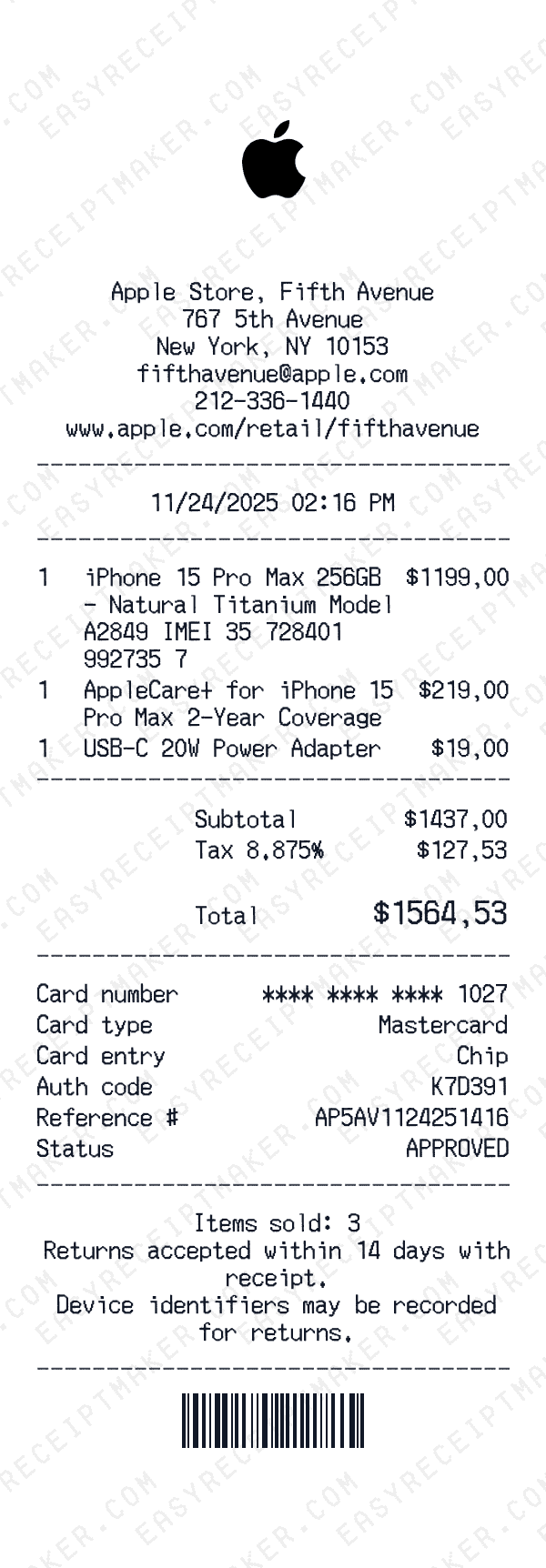 Apple Store receipt preview