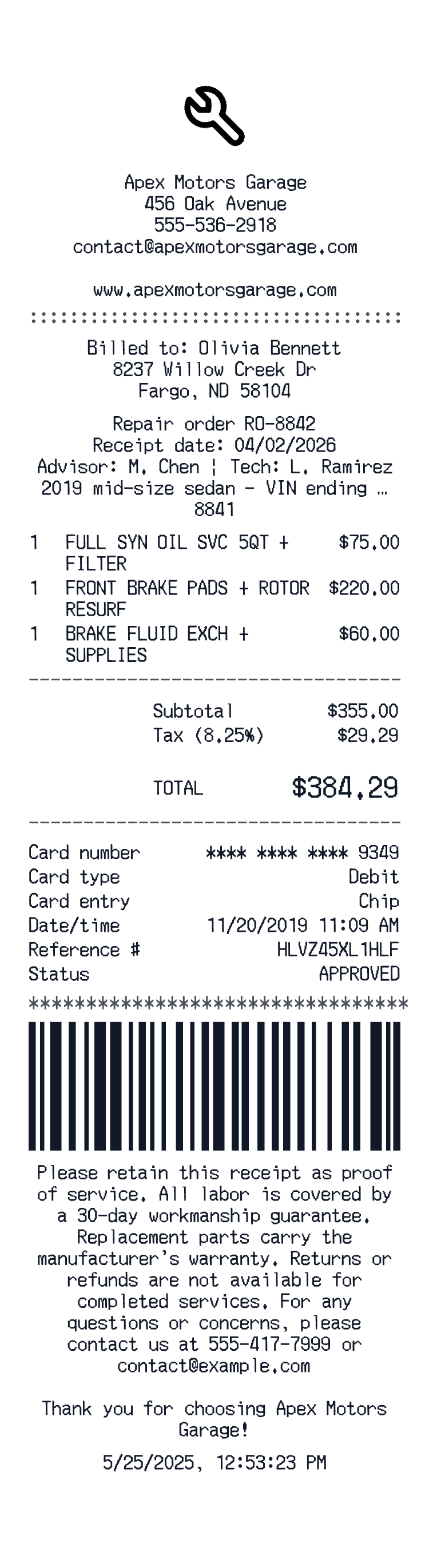 Auto Repair receipt preview