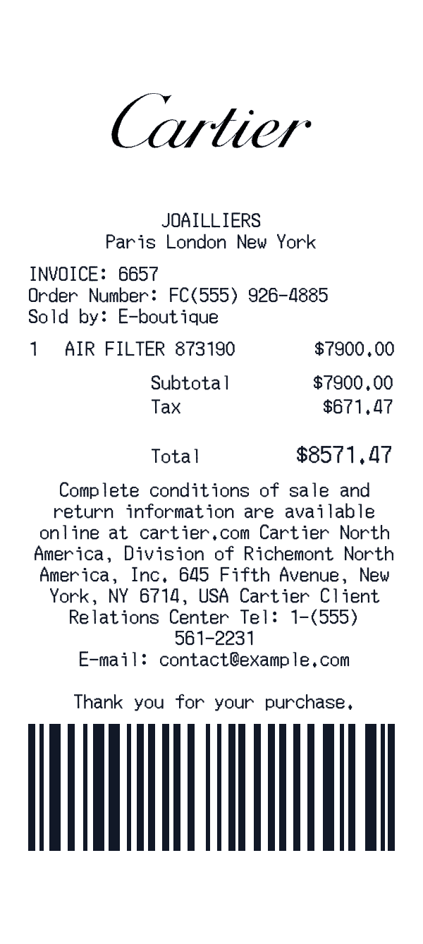 Cartier receipt preview
