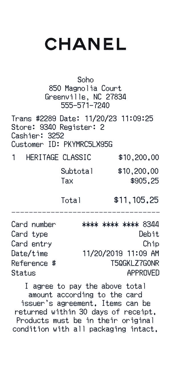 Chanel receipt preview