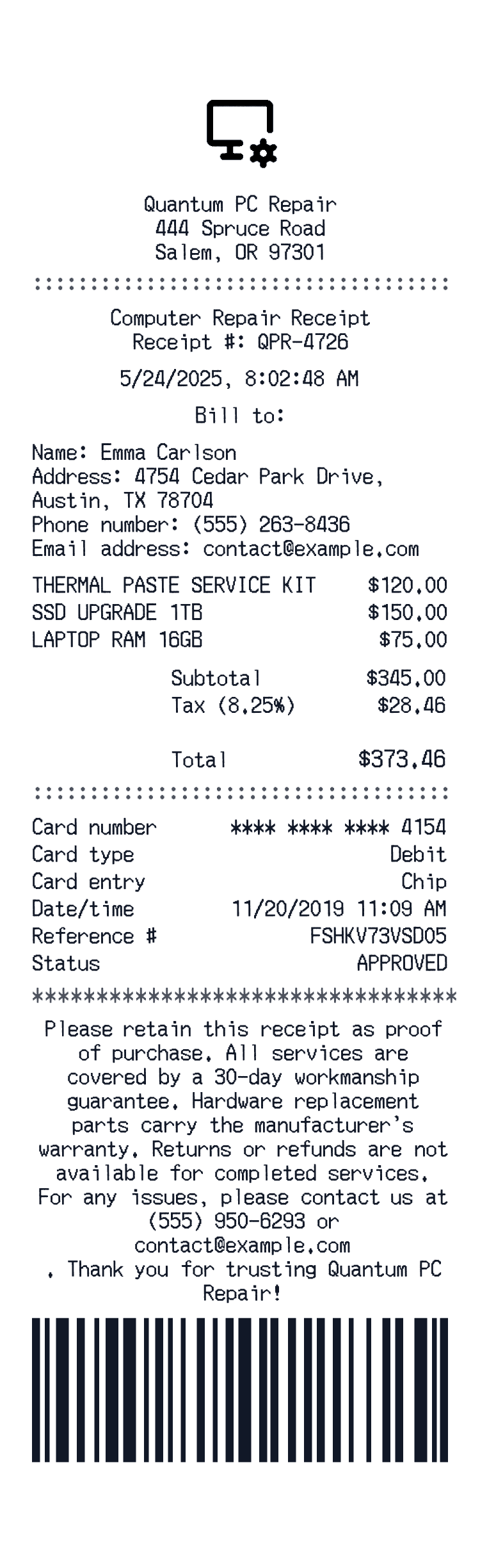 Computer Repair receipt preview