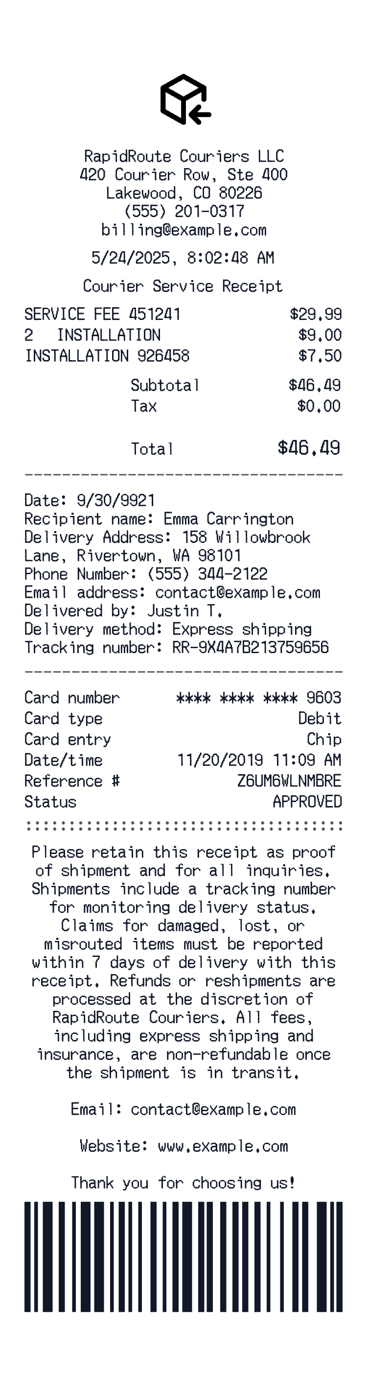 Services receipt preview