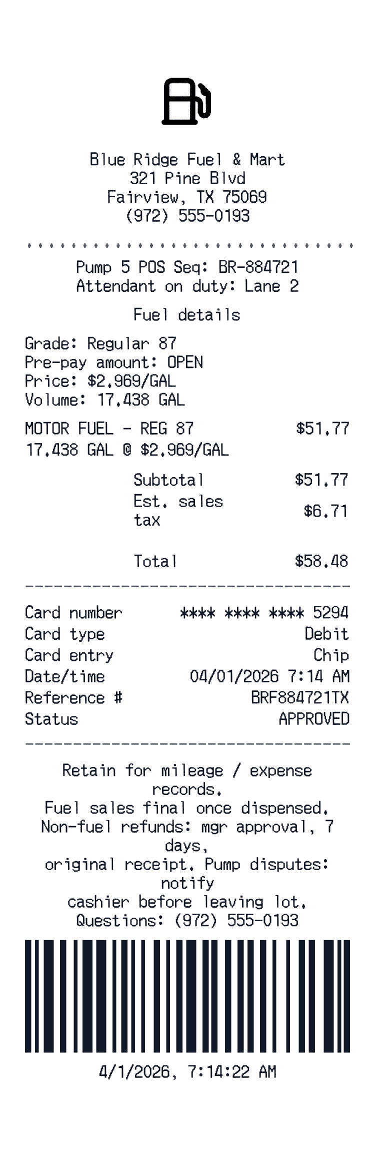 Fuel island receipt preview