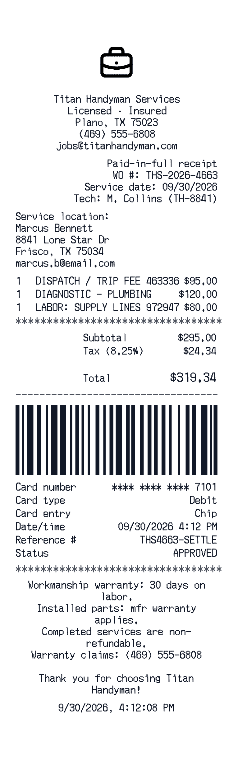 Services receipt preview