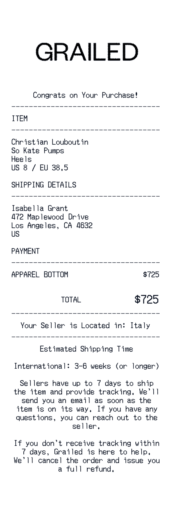 Grailed receipt preview