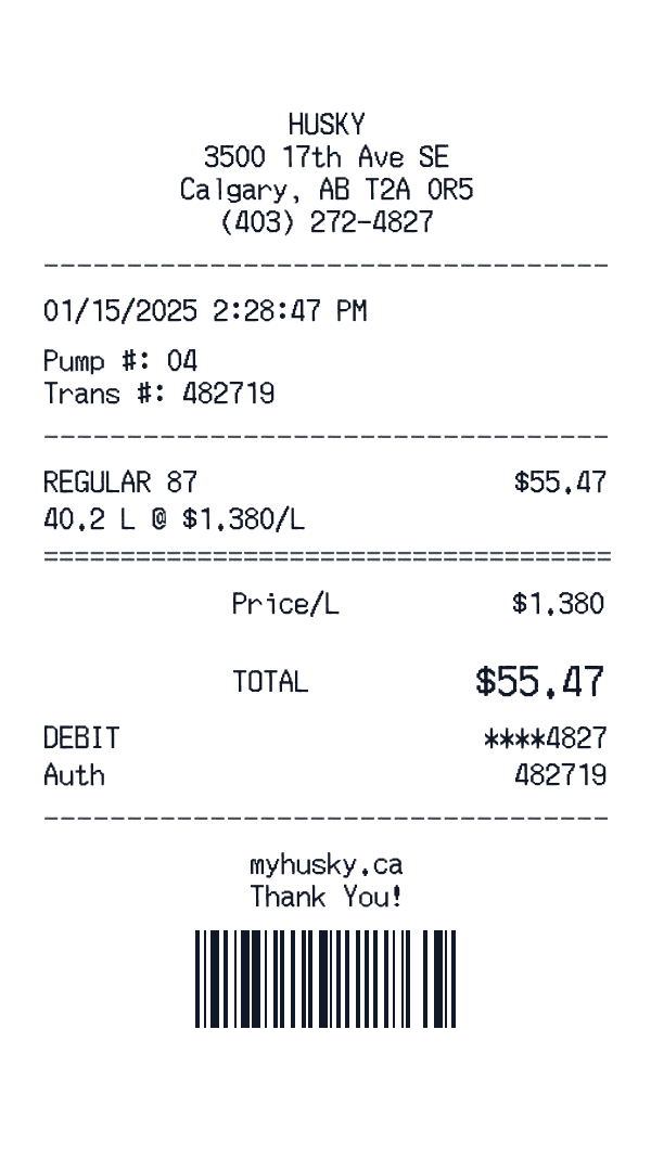 Husky receipt preview
