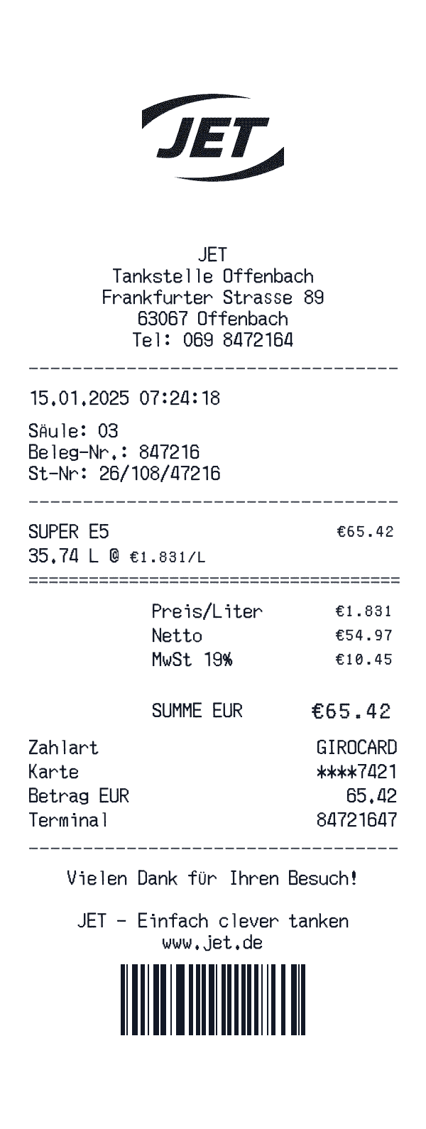 JET receipt preview