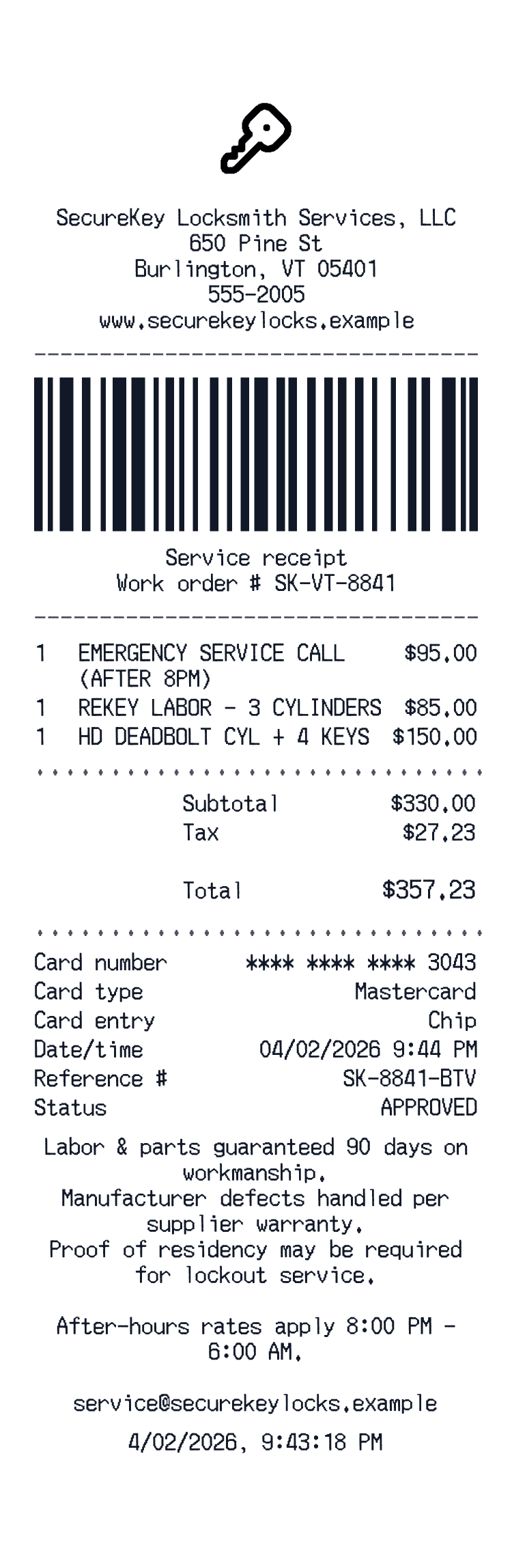 Locksmith receipt preview