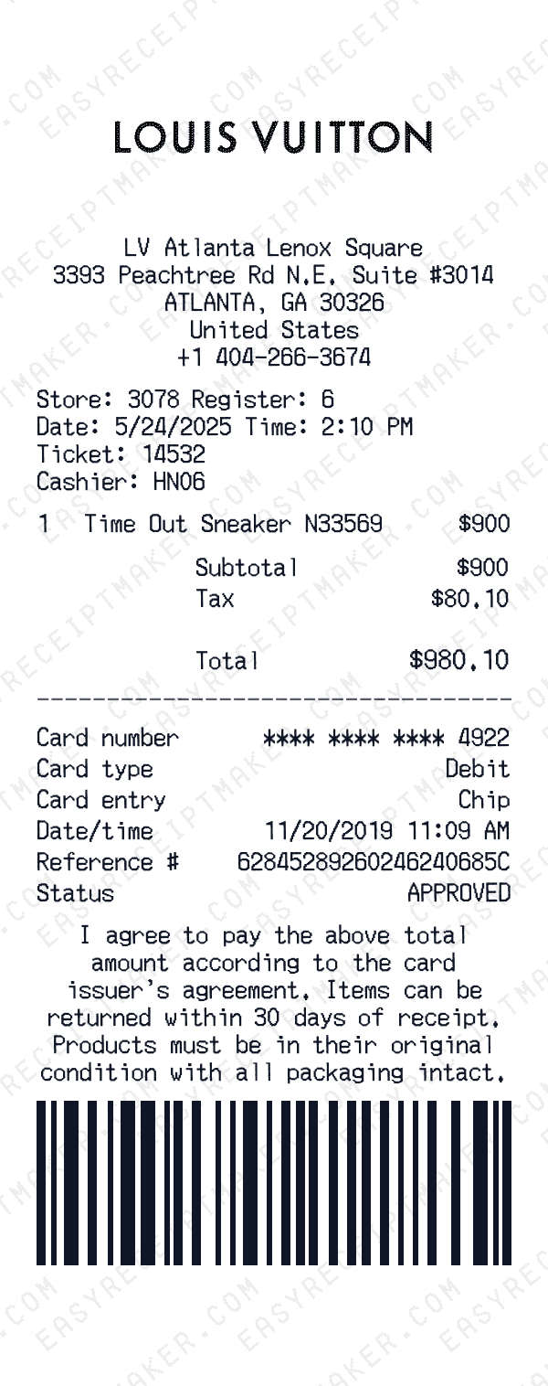Louis Vuitton receipt preview