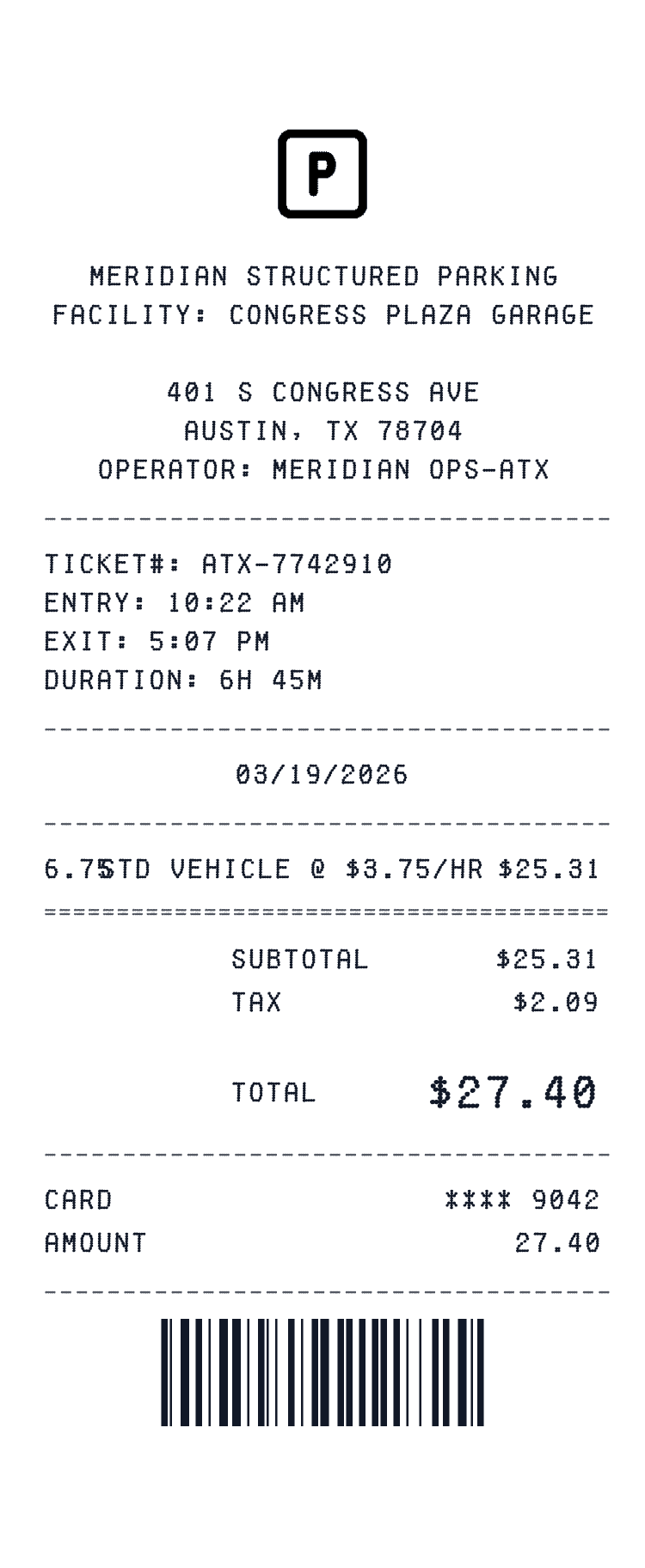 Parking Receipt receipt preview