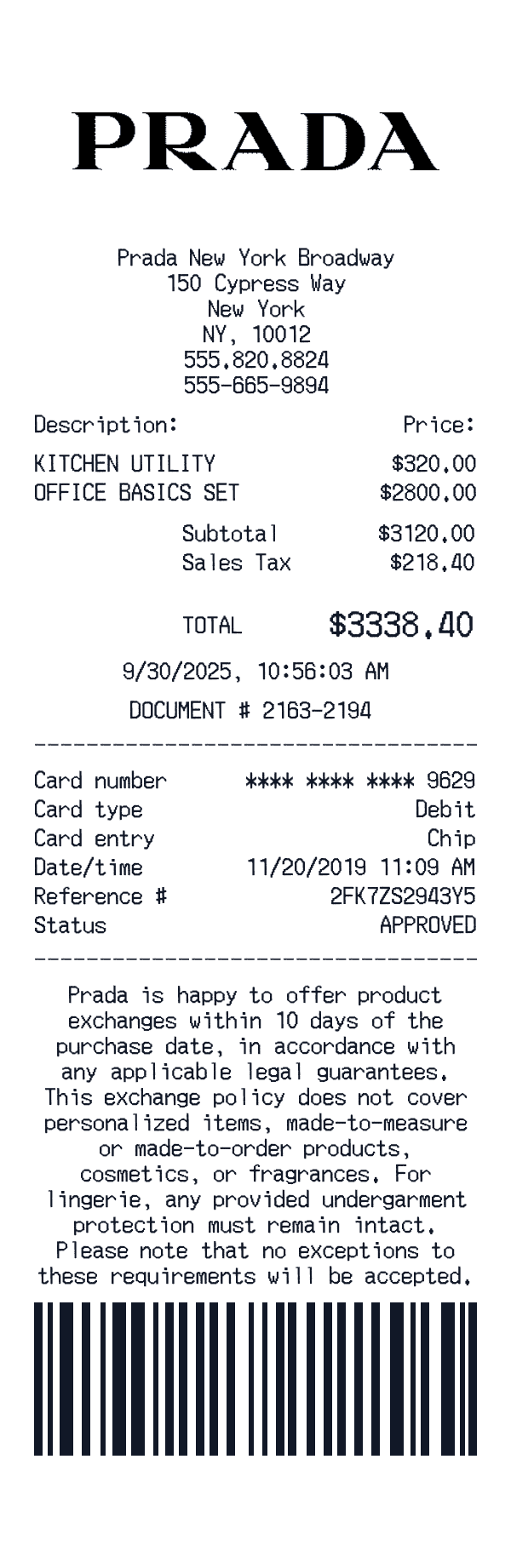 Prada receipt preview