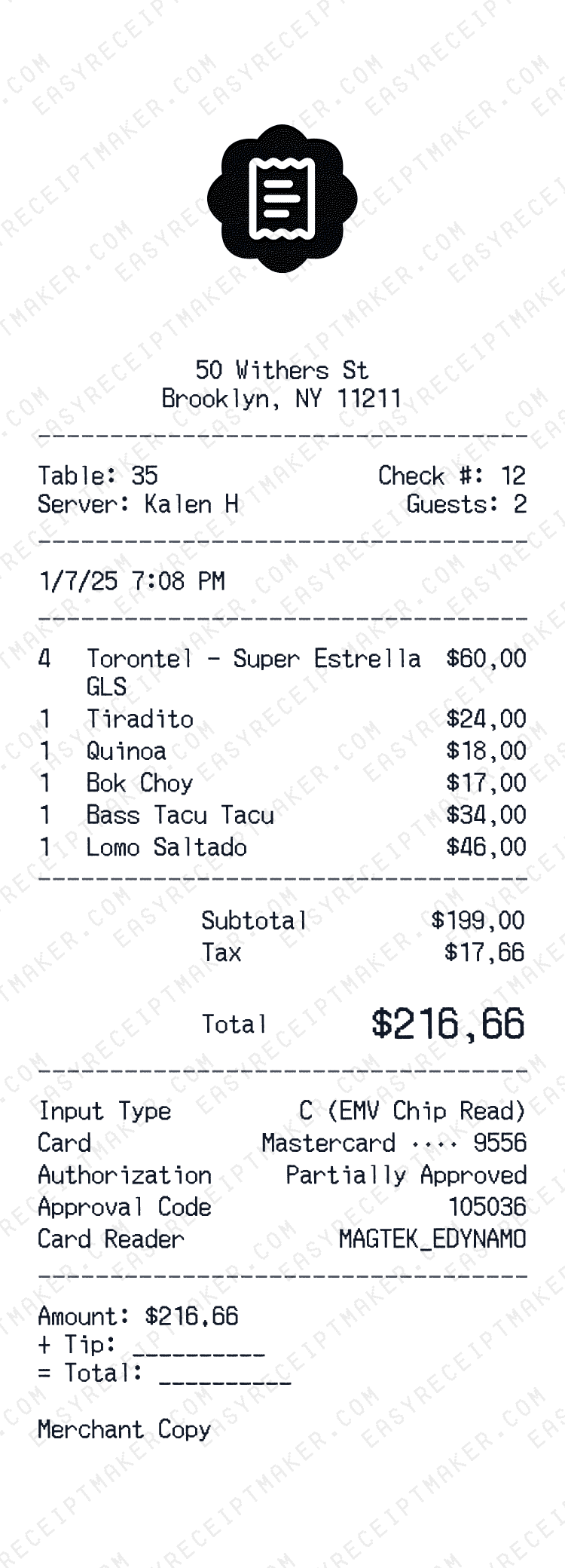 Restaurant receipt preview