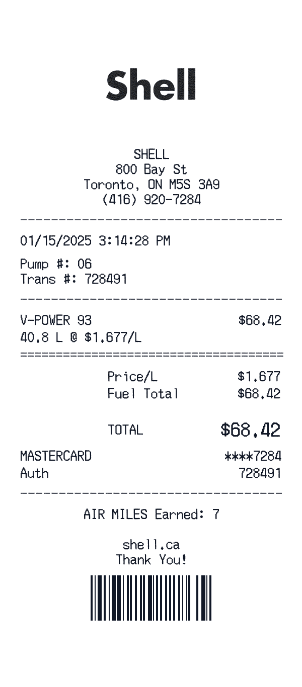 Shell Canada receipt preview