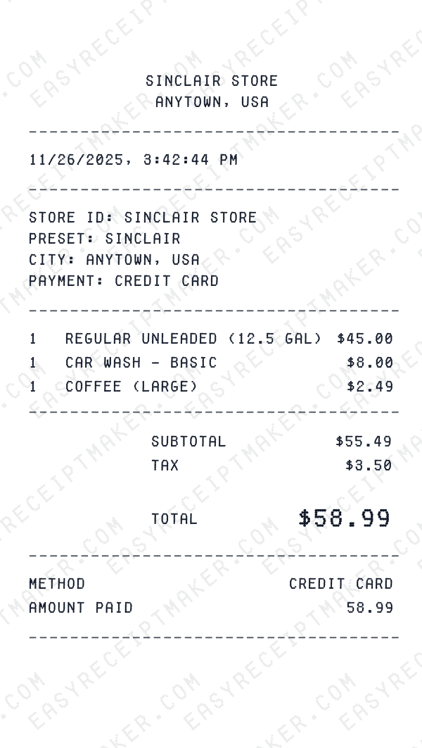 Sinclair receipt preview