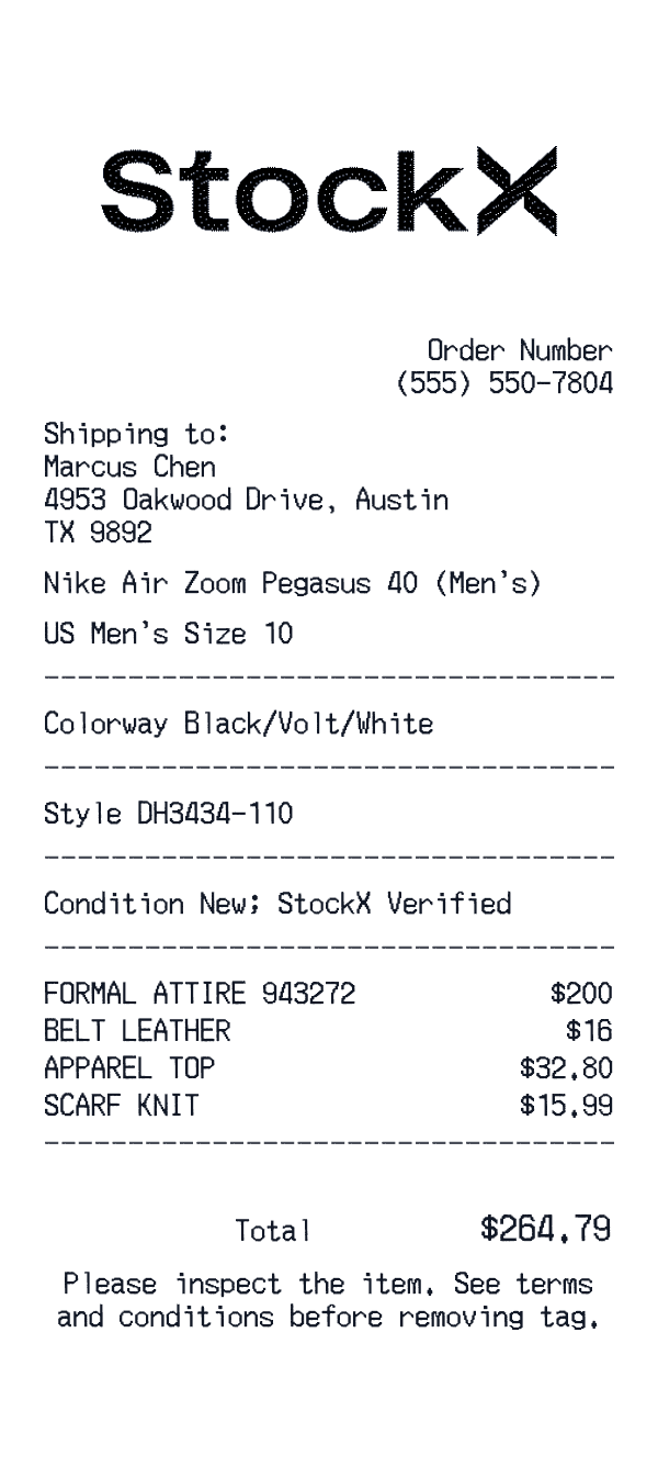 StockX receipt preview